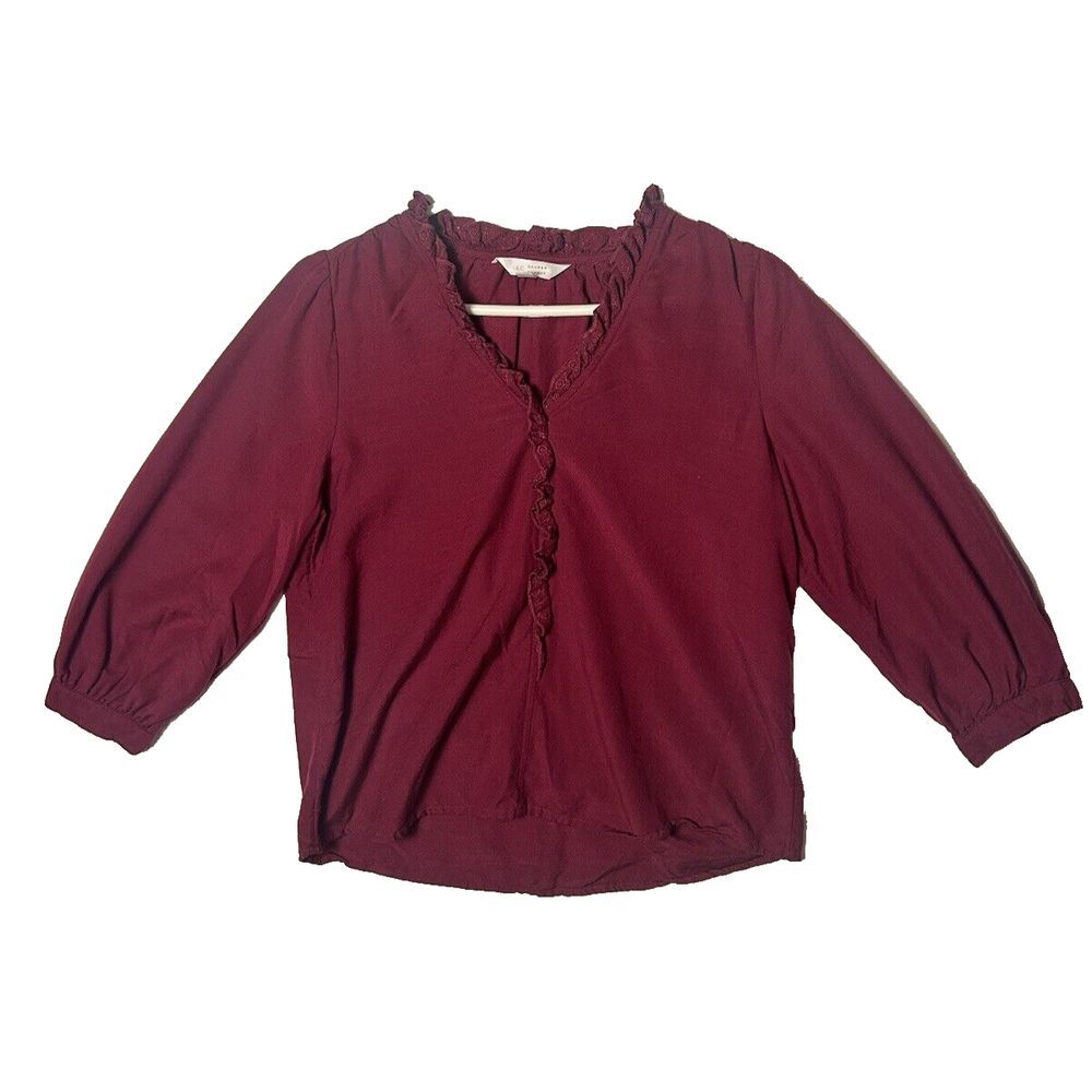 LC Lauren Conrad Blouse, 3/4 Sleeve V-Neck, Rayon, Ruffle Trim‎ Size Small-221
